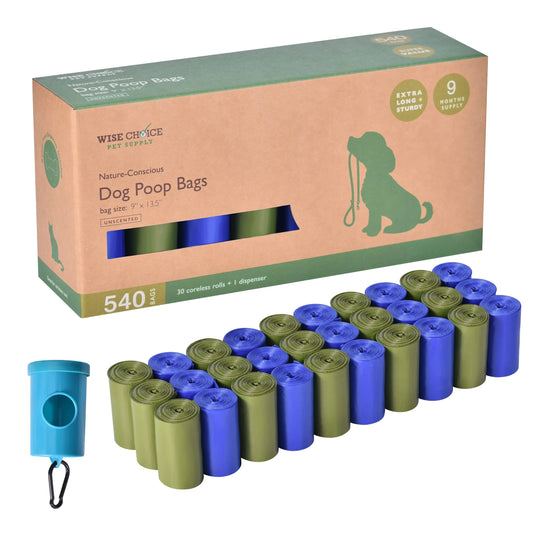 Wise Choice Pet Supply Dog Poop Bags with Dispenser and Leash Clip Extra-Large Extra Thick 100% Leak-Proof Pet Waste Bags Earth Friendly Unscented Green Blue 540 Count 13.5x9 in